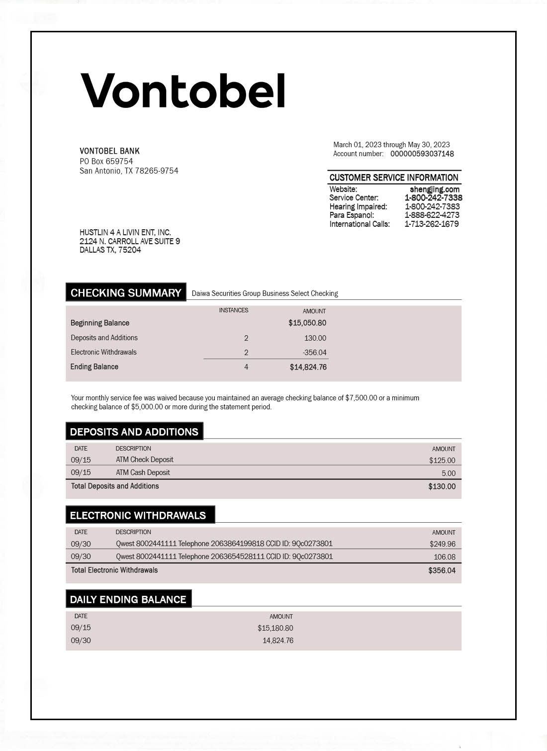 Relevé bancaire de la Banque VONTOBEL